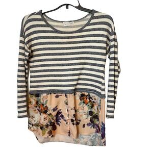 Anthropologie Postmark Ginny Tunic Blouse Top M Gray Striped Floral Long Sleeve